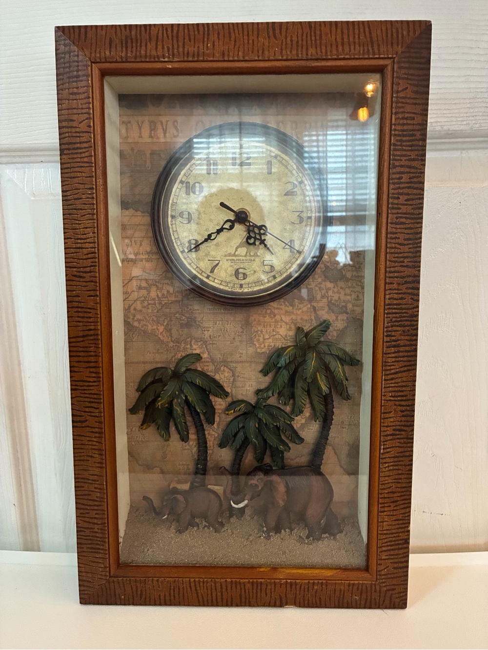 Vtg African Safari 3D Shadow Box Wall Clock Elephant Family Map WORKS 18.25x11”